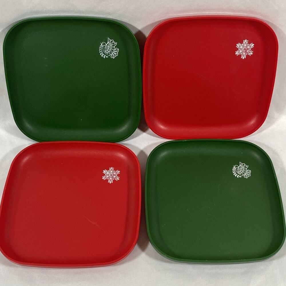 Tupperware Snack Plates Set of 4 Square 8" Red Green Christmas Dove Snowflake